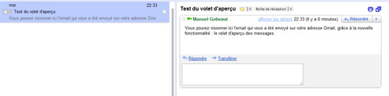 Volet de prévisualisation des messages sur Gmail